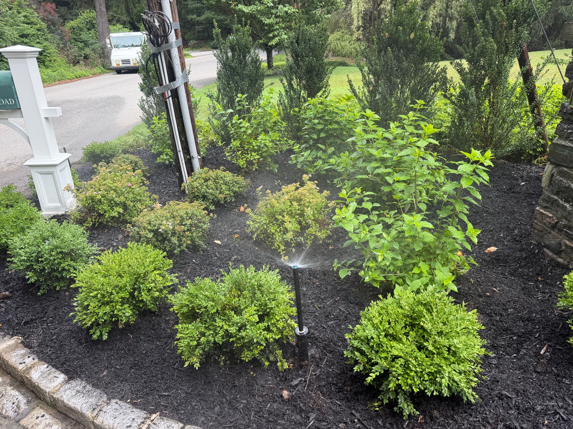 Sprinkle Smart irrigation system watering a landscaped garden