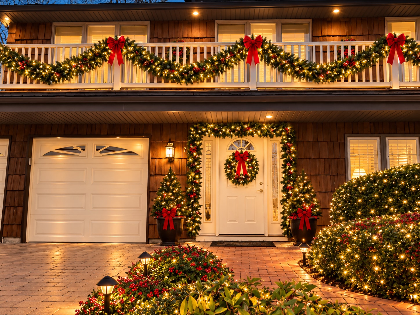 Home entrance and balcony decorated with illuminated garlands, wreaths, and red bows