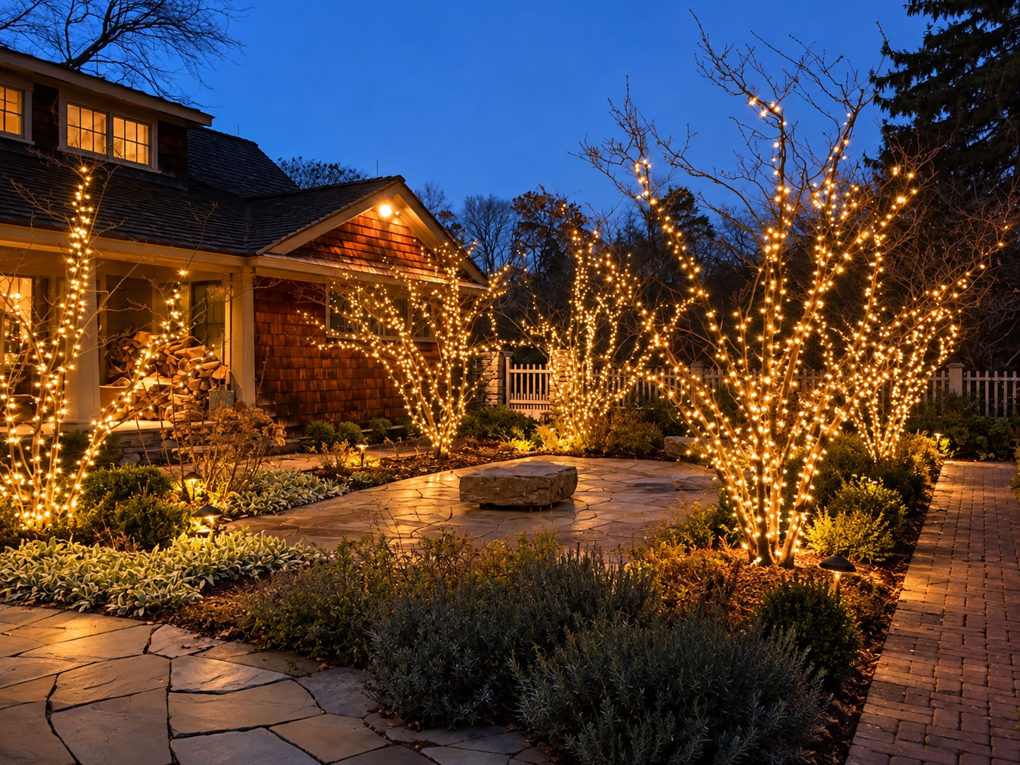 Garden trees wrapped in warm lights beside a home at twilight
